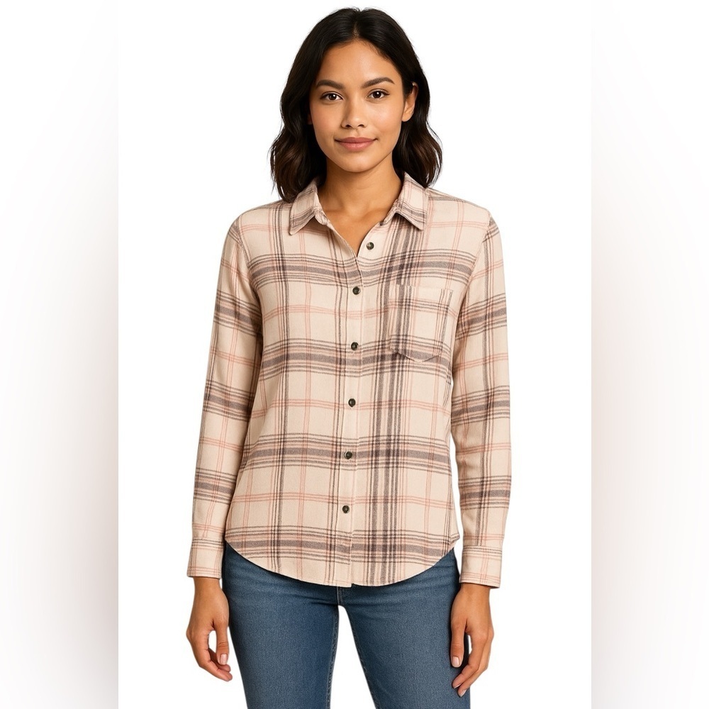 Susina Cream Pink Plaid Button Down Blouse Lightweight Flowy Shirt Size Small